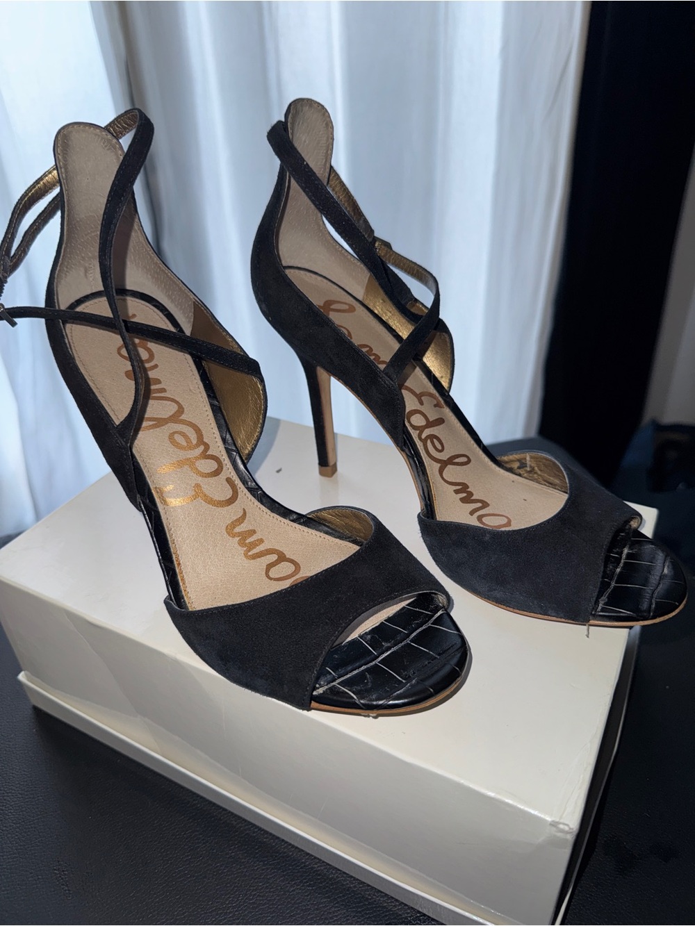 Sam Edelman Black Suede Peep-Toe Crisscross Stiletto Heels